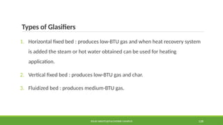 Types of Glasifiers
1. Horizontal fixed bed : produces low-BTU gas and when heat recovery system
is added the steam or hot water obtained can be used for heating
application.
2. Vertical fixed bed : produces low-BTU gas and char.
3. Fluidized bed : produces medium-BTU gas.
SOLID WASTE@PULCHOWK CAMPUS 128
 