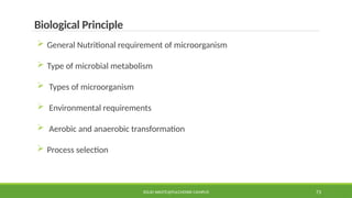 SOLID WASTE@PULCHOWK CAMPUS 73
Biological Principle
 General Nutritional requirement of microorganism
 Type of microbial metabolism
 Types of microorganism
 Environmental requirements
 Aerobic and anaerobic transformation
 Process selection
 