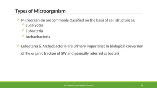 SOLID WASTE@PULCHOWK CAMPUS 78
Types of Microorganism
 Microorganism are commonly classified on the basis of cell structure as;
 Eucaryotes
 Eubacteria
 Archaebacteria
 Eubacteria & Archaebacteria are primary importance in biological conversion
of the organic fraction of SW and generally referred as bacteri
 