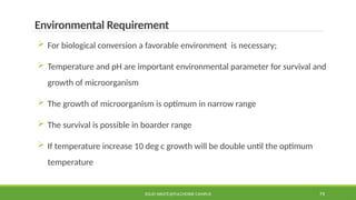 SOLID WASTE@PULCHOWK CAMPUS 79
Environmental Requirement
 For biological conversion a favorable environment is necessary;
 Temperature and pH are important environmental parameter for survival and
growth of microorganism
 The growth of microorganism is optimum in narrow range
 The survival is possible in boarder range
 If temperature increase 10 deg c growth will be double until the optimum
temperature
 
