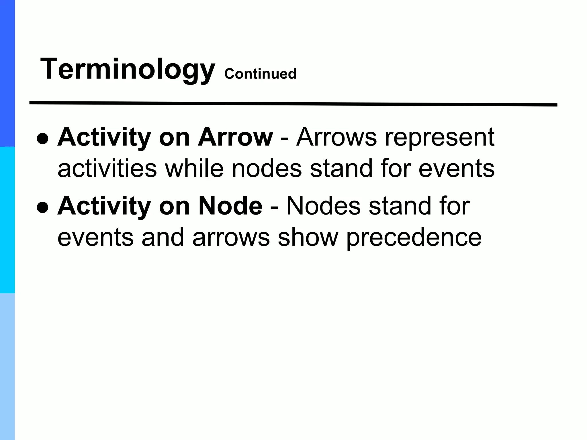 Terminology Continued
 Activity on Arrow - Arrows represent
activities while nodes stand for events
 Activity on Node - Nodes stand for
events and arrows show precedence
 