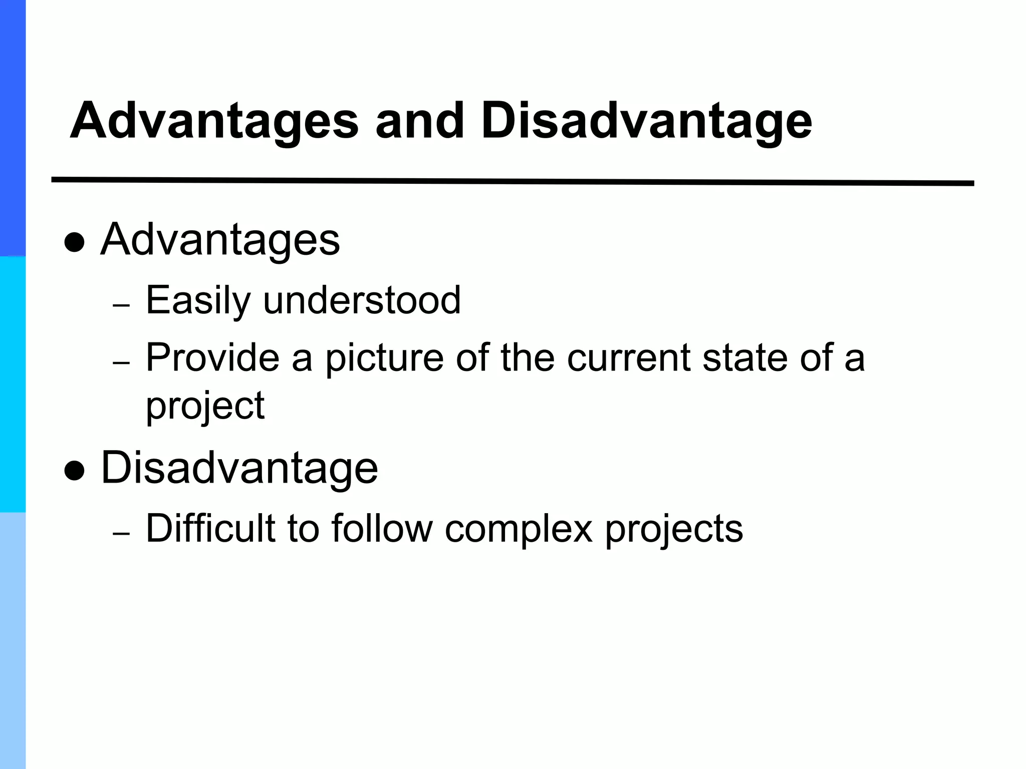 Advantages and Disadvantage
 Advantages
– Easily understood
– Provide a picture of the current state of a
project
 Disadvantage
– Difficult to follow complex projects
 