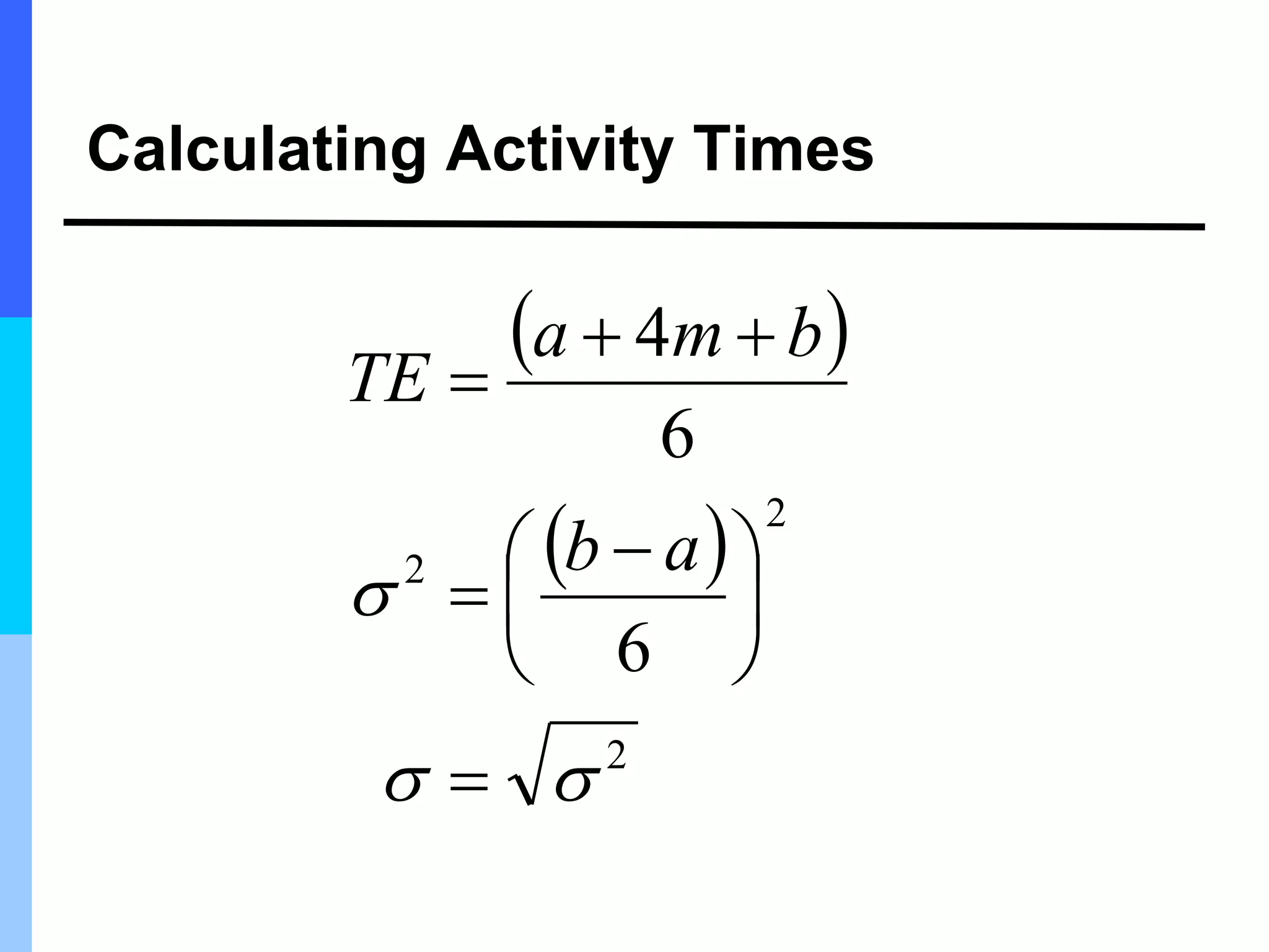 Calculating Activity Times
 
 
2
2
2
6
6
4









 




a
b
b
m
a
TE
 
