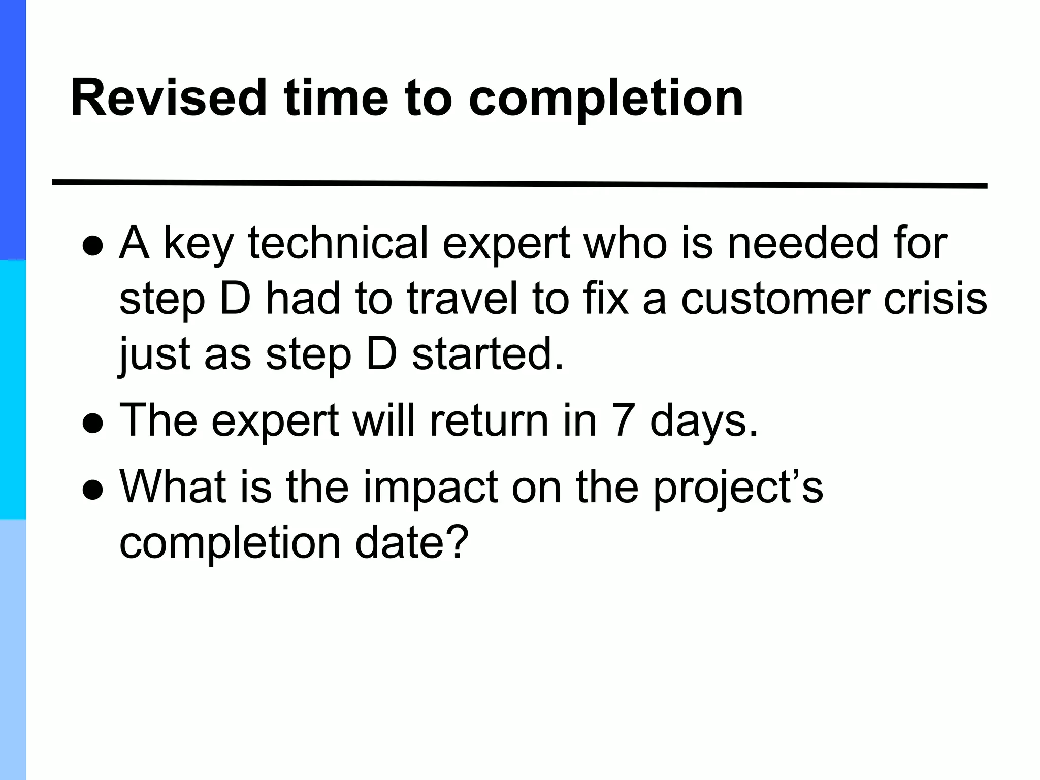 Revised time to completion
 A key technical expert who is needed for
step D had to travel to fix a customer crisis
just as step D started.
 The expert will return in 7 days.
 What is the impact on the project’s
completion date?
 
