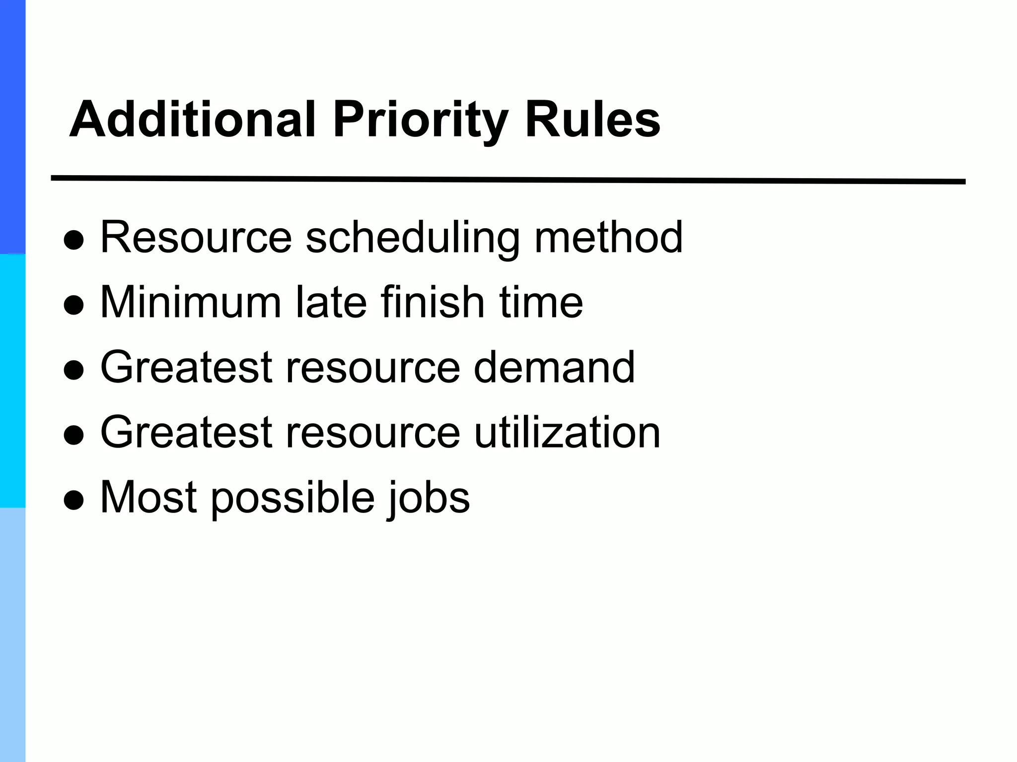 Additional Priority Rules
 Resource scheduling method
 Minimum late finish time
 Greatest resource demand
 Greatest resource utilization
 Most possible jobs
 