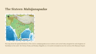The Sixteen Mahājanapadas
This map shows the spatial distribution of the sixteen mahājanapadas across northern and central India, alongside the early kingdoms of
Tamilakam in the south—the Cheras, Cholas, and Pandyas. Magadha (no. 12) would eventually become the nucleus of the Mauryan Empire.
 