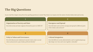 The Big Questions
As you read this chapter, keep these four guiding questions in mind. They frame our inquiry into the nature of early Indian state and society.
1
Organisation of Society and State
How did society and state organise themselves prior to 1000 CE?
2
Emergence and Spread
How did states and societies emerge and spread to different parts
of the Indian subcontinent?
3
Unity in Values and Governance
How did dharma and chakravarti samrāt create unity in social
values and promote a pan-Indian political identity?
4
Cultural Integration
How did different social, administrative, and occupational groups
take shape over time and come together culturally?
 