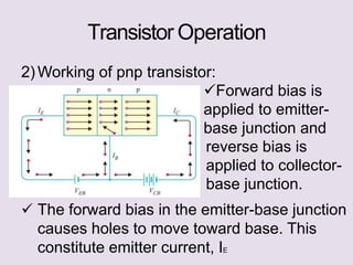 Transistor Operation
2) Working of pnp transistor:
Forward bias is
applied to emitter-
base junction and
reverse bias is
applied to collector-
base junction.
 The forward bias in the emitter-base junction
causes holes to move toward base. This
constitute emitter current, IE
 