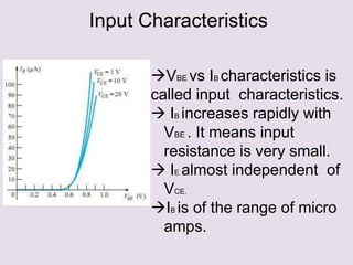 Input Characteristics
VBE vs IB characteristics is
called input characteristics.
 IB increases rapidly with
VBE . It means input
resistance is very small.
 IE almost independent of
VCE.
IB is of the range of micro
amps.
 