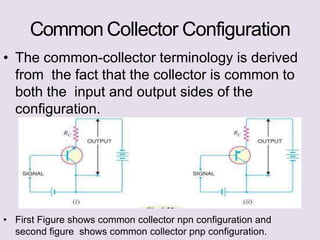 Common Collector Configuration
• The common-collector terminology is derived
from the fact that the collector is common to
both the input and output sides of the
configuration.
• First Figure shows common collector npn configuration and
second figure shows common collector pnp configuration.
 