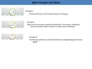 Agile Principles and Values
Principle-7
Principle-8
“Agile processes promote sustainable development. The sponsors, developers,
and users should be able to maintain a constant pace indefinitely.”
Principle-9
“Continuous attention to technical excellence and good design enhances
agility.”
Working Software is the Primary Measure of Progress
 