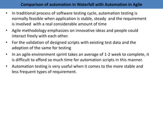 Comparison of automation in Waterfall with Automation in Agile
• In traditional process of software testing cycle, automation testing is
normally feasible when application is stable, steady and the requirement
is involved with a real considerable amount of time
• Agile methodology emphasizes on innovative ideas and people could
interact freely with each other.
• For the validation of designed scripts with existing test data and the
adoption of the same for testing
• In an agile environment sprint takes an average of 1-2 week to complete, it
is difficult to afford so much time for automation scripts in this manner.
• Automation testing is very useful when it comes to the more stable and
less frequent types of requirement.
 
