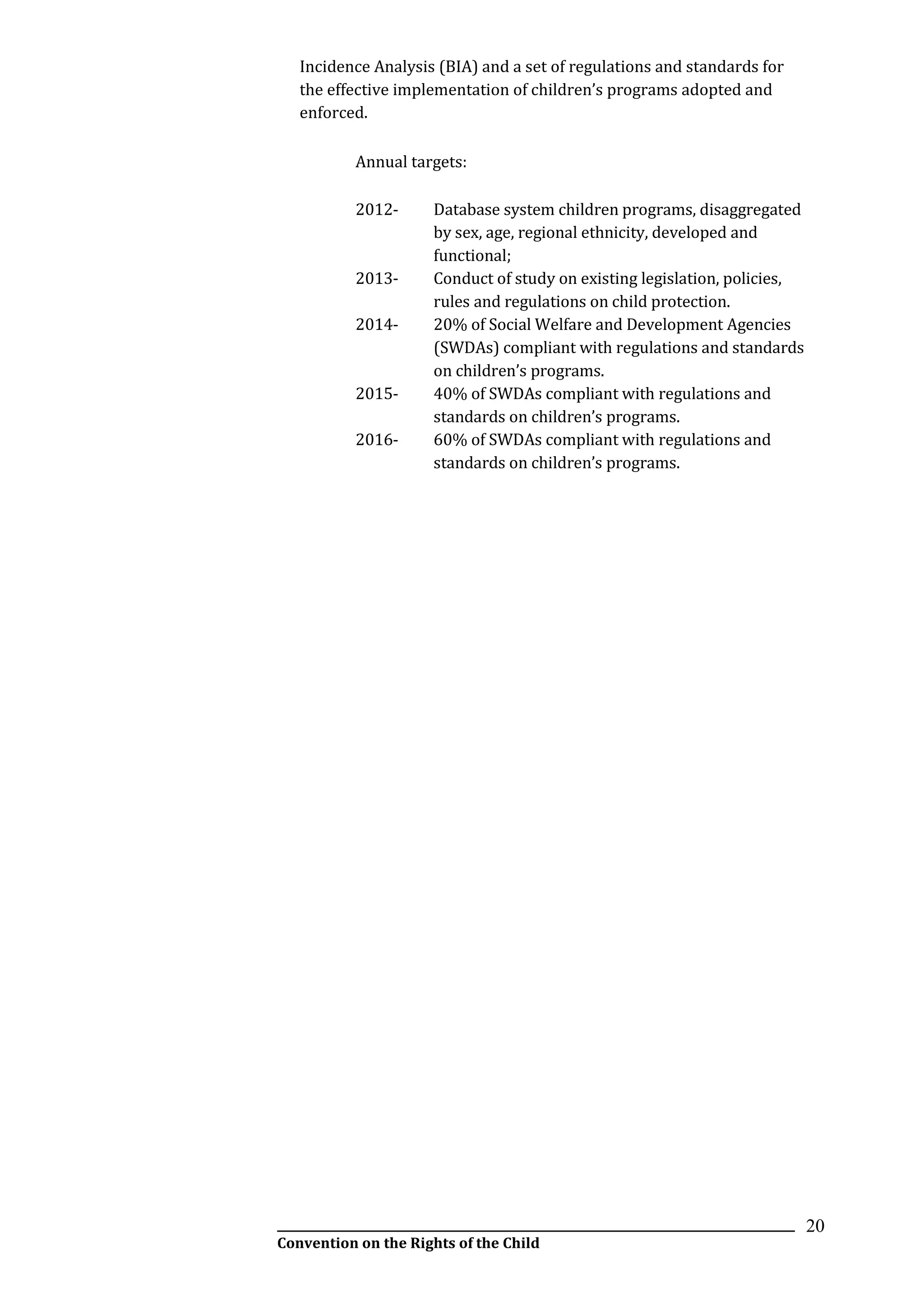 __________________________________________________________________________________________
Convention on the Rights of the Child
20
Incidence Analysis (BIA) and a set of regulations and standards for
the effective implementation of children’s programs adopted and
enforced.
Annual targets:
2012- Database system children programs, disaggregated
by sex, age, regional ethnicity, developed and
functional;
2013- Conduct of study on existing legislation, policies,
rules and regulations on child protection.
2014- 20% of Social Welfare and Development Agencies
(SWDAs) compliant with regulations and standards
on children’s programs.
2015- 40% of SWDAs compliant with regulations and
standards on children’s programs.
2016- 60% of SWDAs compliant with regulations and
standards on children’s programs.
 