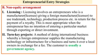 Entrepreneurial Entry Strategies
B. Non-equity arrangement
I. Licensing : Licensing involves an entrepreneurs who is a
manufacturer(licensee) giving a foreign manufacture(licensor) to
use trademark, technology, production process etc. in return for the
payment of a royalty. This is most appropriate when the
entrepreneur has no intention of entering a particular market
through exporting or direct investment.
II. Turn-key projects: A method of doing international business
whereby a foreign entrepreneur supplies the manufacturing
technology or infrastructure for a business and turns it over a local
owners in exchange for a fee. The customer is usually a
government agency.
 