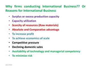 Why firms conducting International Business?? Or
Reasons for International Business
• Surplus or excess production capacity
• Capacity utilization
• Scarcity of resources (Raw materials)
• Absolute and Comparative advantage
• To increase profit
• To achieve economics of scale
• Competitive pressure
• Declining domestic sales
• Availability of technology and managerial competency
• To minimize risk
10/2/2019
 
