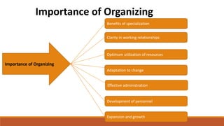 Importance of Organizing
Importance of Organizing
Benefits of specialization
Clarity in working relationships
Optimum utilization of resources
Adaptation to change
Effective administration
Development of personnel
Expansion and growth
 