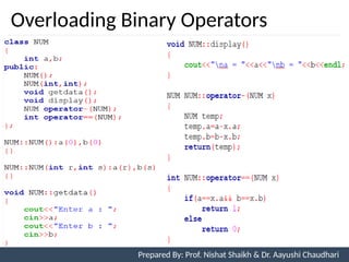 Overloading Binary Operators
Prepared By: Nishat Shaikh
Unit 7: Operator Overloading Prepared By: Prof. Nishat Shaikh & Dr. Aayushi Chaudhari
 