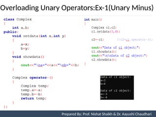 Overloading Unary Operators:Ex-1(Unary Minus)
Prepared By: Nishat Shaikh
Unit 7: Operator Overloading Prepared By: Prof. Nishat Shaikh & Dr. Aayushi Chaudhari
 