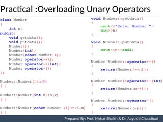 Practical :Overloading Unary Operators
Prepared By: Nishat Shaikh
Unit 7: Operator Overloading Prepared By: Prof. Nishat Shaikh & Dr. Aayushi Chaudhari
 