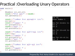 Practical :Overloading Unary Operators
Prepared By: Nishat Shaikh
Unit 7: Operator Overloading Prepared By: Prof. Nishat Shaikh & Dr. Aayushi Chaudhari
 