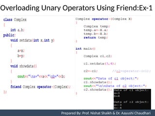 Overloading Unary Operators Using Friend:Ex-1
Prepared By: Nishat Shaikh
Unit 7: Operator Overloading Prepared By: Prof. Nishat Shaikh & Dr. Aayushi Chaudhari
 