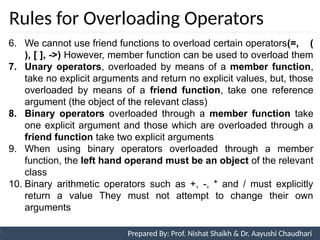 Rules for Overloading Operators
Prepared By: Nishat Shaikh
6. We cannot use friend functions to overload certain operators(=, (
), [ ], ->) However, member function can be used to overload them
7. Unary operators, overloaded by means of a member function,
take no explicit arguments and return no explicit values, but, those
overloaded by means of a friend function, take one reference
argument (the object of the relevant class)
8. Binary operators overloaded through a member function take
one explicit argument and those which are overloaded through a
friend function take two explicit arguments
9. When using binary operators overloaded through a member
function, the left hand operand must be an object of the relevant
class
10. Binary arithmetic operators such as +, -, * and / must explicitly
return a value They must not attempt to change their own
arguments
Unit 7: Operator Overloading Prepared By: Prof. Nishat Shaikh & Dr. Aayushi Chaudhari
 