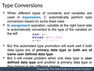 Type Conversions
Prepared By: Nishat Shaikh
 When different types of constants and variables are
used in expression, C automatically perform type
conversion based on some fixed rules
 In assignment operation, variable at the right hand side
is automatically converted to the type of the variable on
the left
 But this automated type promotion will work well if both
data types are of primary data type or both are of
same user defined data type
 But it will create problem when one data type is user
defined data type and another is primary data type or
they belong to two different classes.
Unit 7: Operator Overloading Prepared By: Prof. Nishat Shaikh & Dr. Aayushi Chaudhari
 