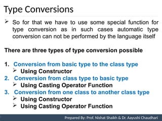 Type Conversions
Prepared By: Nishat Shaikh
 So for that we have to use some special function for
type conversion as in such cases automatic type
conversion can not be performed by the language itself
There are three types of type conversion possible
1. Conversion from basic type to the class type
 Using Constructor
2. Conversion from class type to basic type
 Using Casting Operator Function
3. Conversion from one class to another class type
 Using Constructor
 Using Casting Operator Function
Unit 7: Operator Overloading Prepared By: Prof. Nishat Shaikh & Dr. Aayushi Chaudhari
 