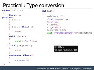 Practical : Type conversion
Prepared By: Nishat Shaikh
Unit 7: Operator Overloading
Prepared By: Prof. Nishat Shaikh & Dr. Aayushi Chaudhari
 