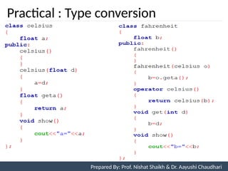 Practical : Type conversion
Prepared By: Nishat Shaikh
Unit 7: Operator Overloading Prepared By: Prof. Nishat Shaikh & Dr. Aayushi Chaudhari
 