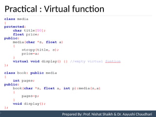 Practical : Virtual function
Prepared By: Nishat Shaikh
Unit 9: Pointers and Virtual Functions Prepared By: Prof. Nishat Shaikh & Dr. Aayushi Chaudhari
 