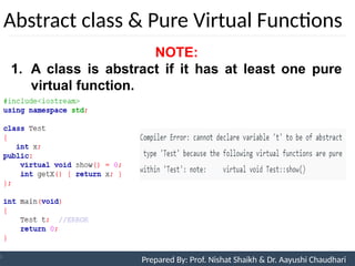 Abstract class & Pure Virtual Functions
Prepared By: Nishat Shaikh
Unit 9: Pointers and Virtual Functions
NOTE:
1. A class is abstract if it has at least one pure
virtual function.
Prepared By: Prof. Nishat Shaikh & Dr. Aayushi Chaudhari
 