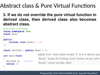 Abstract class & Pure Virtual Functions
Prepared By: Nishat Shaikh
Unit 9: Pointers and Virtual Functions
3. If we do not override the pure virtual function in
derived class, then derived class also becomes
abstract class.
Prepared By: Prof. Nishat Shaikh & Dr. Aayushi Chaudhari
 