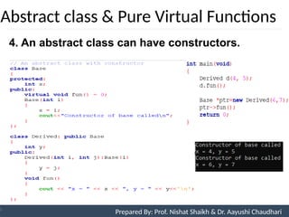 Abstract class & Pure Virtual Functions
Prepared By: Nishat Shaikh
Unit 9: Pointers and Virtual Functions
4. An abstract class can have constructors.
Prepared By: Prof. Nishat Shaikh & Dr. Aayushi Chaudhari
 