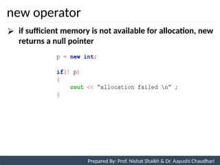 new operator
89
Prepared By: Nishat Shaikh
Unit 3: Tokens and Expressions & Control Structure
⮚ if sufficient memory is not available for allocation, new
returns a null pointer
Prepared By: Prof. Nishat Shaikh & Dr. Aayushi Chaudhari
 