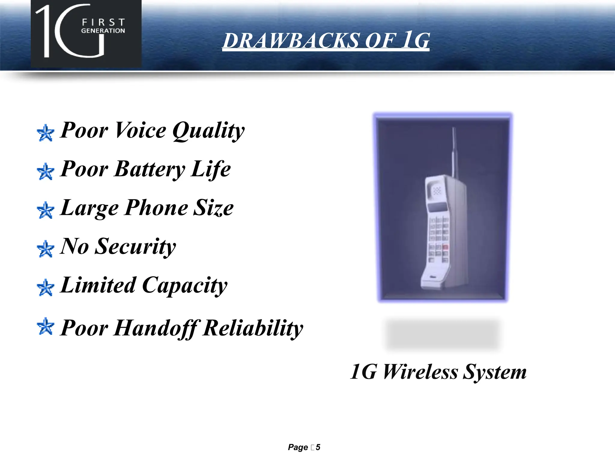 LOGO DRAWBACKS OF 1G
Poor Voice Quality
Poor Battery Life
Large Phone Size
No Security
Limited Capacity
Poor Handoff Reliability
1G Wireless System
Page 5
 