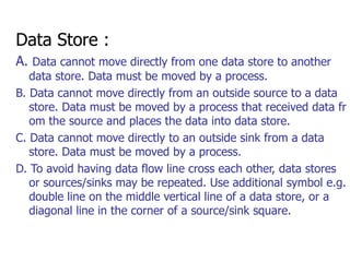 Data Store : A.  Data cannot move directly from one data store to another data store. Data must be moved by a process. B. Data cannot move directly from an outside source to a data store. Data must be moved by a process that received data from the source and places the data into data store. C. Data cannot move directly to an outside sink from a data store. Data must be moved by a process. D.  To avoid having data flow line cross each other, data stores or sources/sinks may be repeated. Use additional symbol e.g. double line on the middle vertical line of a data store, or a diagonal line in the corner of a source/sink square. 