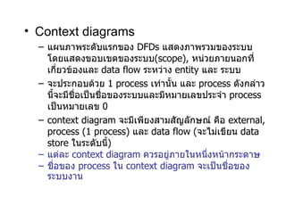 Context diagrams แผนภาพระดับแรกของ  DFDs   แสดงภาพรวมของระบบ  โดยแสดงขอบเขตของระบบ (scope),  หน่วยภายนอกที่เกี่ยวข้องและ  data flow   ระหว่าง  entity  และ ระบบ จะประกอบด้วย  1 process  เท่านั้น และ  process  ดังกล่าวนี้จะมีชื่อเป็นชื่อของระบบและมีหมายเลขประจำ   process   เป็นหมายเลข  0  context diagram   จะมีเพียงสามสัญลักษณ์ คือ  external, process (1 process)  และ  data flow ( จะไม่เขียน  data store  ในระดับนี้ ) แต่ละ   context diagram  ควร อยู่ภายในหนึ่งหน้ากระดาษ ชื่อของ   process  ใน   context diagram   จะเป็นชื่อของระบบงาน 