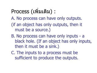 Process ( เพิ่มเติม ) : A. No process can have only outputs. (if an object has only outputs, then it must be a source.) B. No process can have only inputs - a black hole. (If an object has only inputs, then it must be a sink.) C. The inputs to a process must be sufficient to produce the outputs. 