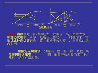 临界状态 的特点是输出功率最大，效率也较高，比最大效 率差不了许多，可以说是最佳工作状态，发射机的末级常 设计成这种状态，在计算谐振功率放大器时，也常以此状 态为例。 掌握负载特性，对分析集电极调幅电路、基极调幅电路的工作原理，对实际调整谐振功率放大器的工作状态和指标是很有帮助的。 负载特性曲线 