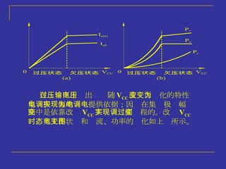 在过压区中输出电压随 V CC 改变而变化的特性为集电极调幅的实现提供依据；因为在集电极调幅电路中是依靠改变 V CC 来实现调幅过程的。改变 V CC 时，其工作状态和电流、功率的变化如上图所示。 