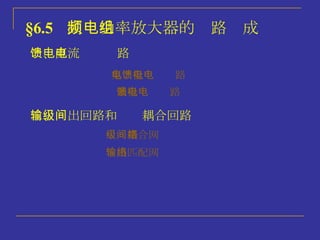 §6.5   高频功率放大器的电路组成 一、直流馈电电路 二、输出回路和级间耦合回路 集电极馈电电路 基极馈电电路 级间耦合网络 输出匹配网络 