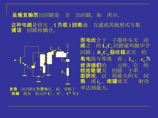 最常见的输出回路是复合输出回路，如图所示。 图中，介于电子器件与天线回 路之间的 L 1 C 1 回路就叫做中介 回路； R A C A 分别代表天线的辐 射电阻与等效电容； L n 、 c n 为 天线回路的调谐元件，它们的 作用是使天线回路处于串联谐 振状态，以获得最大的天线回 路电流 i A ， 亦即使天线辐射功 率达到最大。 复合输出回路 ( 为了简化电路，省略了 直流电源及辅助元件 L  、 C  、 C  等 ) 这种电路是将天线 ( 负载 ) 回路通过互感或其他形式与集电 极调谐回路相耦合。 