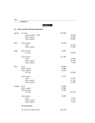 112
           Chapter 6

                                        Problem 6 – 4

(1)     Books of Seiko (Manager/Operator)

April1:     JV Cash                                     102,000
                Notes payable – PNB                                34,000
                Roles capital                                      34,000
                Timex capital                                      34,000

May:        Joint venture                                64,100
                  Cash                                             16,300
                  Rolex capital                                    47,800

June:       Rolex capital                                30,000
                 JV cash                                           30,000

            Joint venture                               111,400
                  Cash                                             37,400
                  Rolex capital                                    64,700
                  Timex capital                                     9,300

July:       Cash                                         40,000
            Rolex capital                                15,000
            Timex capital                                10,000
                 JV cash                                           65,000

            Joint venture                                55,770
                  Cash                                             13,970
                  Rolex capital                                    31,240
                  Timex capital                                    10,560

August:     Cash                                         45,000
            Rolex capital                                67,000
            Timex capital                                13,500
                 JV cash                                          125,500

            Joint venture                                30,600
                  Cash                                              9,730
                  Rolex capital                                    16,560
                  Timex capital                                     4,310

            To record sales:

            JV cash (P421,000 x 96%)                    404,160
 