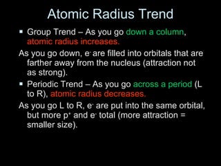 Atomic Radius TrendAtomic Radius Trend
 Group Trend – As you goGroup Trend – As you go down a columndown a column,,
atomic radius increases.atomic radius increases.
As you go down, eAs you go down, e--
are filled into orbitals that areare filled into orbitals that are
farther away from the nucleus (attraction notfarther away from the nucleus (attraction not
as strong).as strong).
 Periodic Trend – As you goPeriodic Trend – As you go across a periodacross a period (L(L
to R),to R), atomic radius decreases.atomic radius decreases.
As you go L to R, eAs you go L to R, e--
are put into the same orbital,are put into the same orbital,
but more pbut more p++
and eand e--
total (more attraction =total (more attraction =
smaller size).smaller size).
 