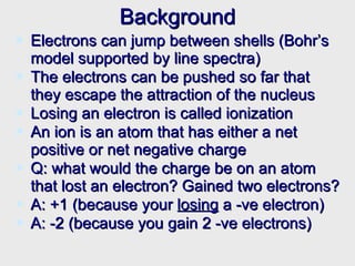 BackgroundBackground
 Electrons can jump between shells (Bohr’sElectrons can jump between shells (Bohr’s
model supported by line spectra)model supported by line spectra)
 The electrons can be pushed so far thatThe electrons can be pushed so far that
they escape the attraction of the nucleusthey escape the attraction of the nucleus
 Losing an electron is called ionizationLosing an electron is called ionization
 An ion is an atom that has either a netAn ion is an atom that has either a net
positive or net negative chargepositive or net negative charge
 Q: what would the charge be on an atomQ: what would the charge be on an atom
that lost an electron? Gained two electrons?that lost an electron? Gained two electrons?
 A: +1 (because yourA: +1 (because your losinglosing a -ve electron)a -ve electron)
 A: -2 (because you gain 2 -ve electrons)A: -2 (because you gain 2 -ve electrons)
 