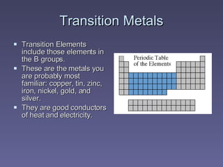 Transition Metals Transition Elements include those elements in the B groups. These are the metals you are probably most familiar: copper, tin, zinc, iron, nickel, gold, and silver. They are good conductors of heat and electricity. 