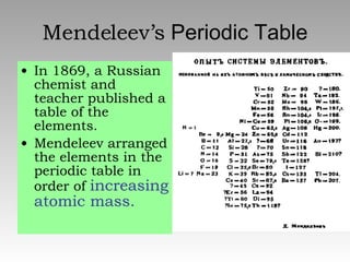 Mendeleev’s  Periodic Table In 1869, a Russian chemist and teacher published a table of the elements. Mendeleev arranged the elements in the periodic table in order of  increasing atomic mass. 