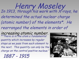Henry Moseley 1887 - 1915 In 1913, through his work with X-rays, he determined the actual nuclear charge (atomic number) of the elements*.  He rearranged the elements in order of  increasing atomic number. *“There is in the atom a fundamental quantity which increases by regular steps as we pass from each element to the next.  This quantity can only be the charge on the central positive nucleus.” 
