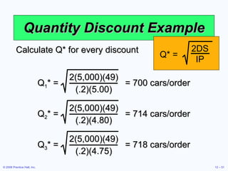 Quantity Discount Example Calculate Q* for every discount Q* = 2DS IP Q 1 * =  = 700 cars/order 2(5,000)(49) (.2)(5.00) Q 2 * =  = 714 cars/order 2(5,000)(49) (.2)(4.80) Q 3 * =  = 718 cars/order 2(5,000)(49) (.2)(4.75) 